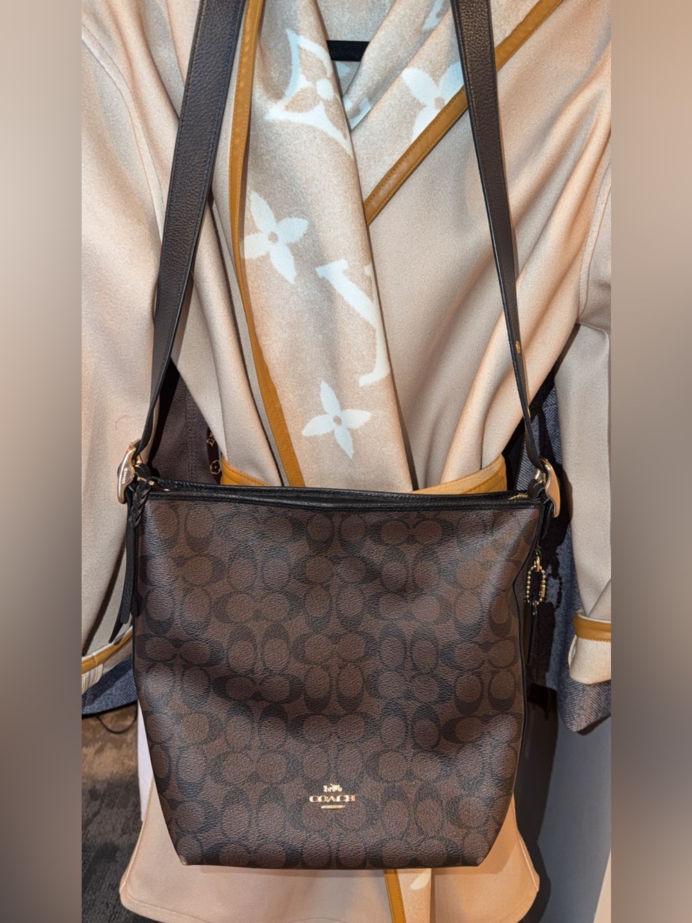 Coach Authentic Brown Signature Canvas Crossbody Purse with Dark Black Trim.